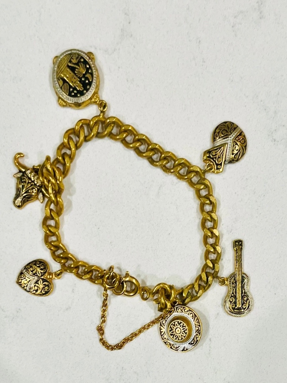 Vintage Damascene Style Charm Bracelet Gold Tone 6.75”, 1960s - Picture 10 of 12